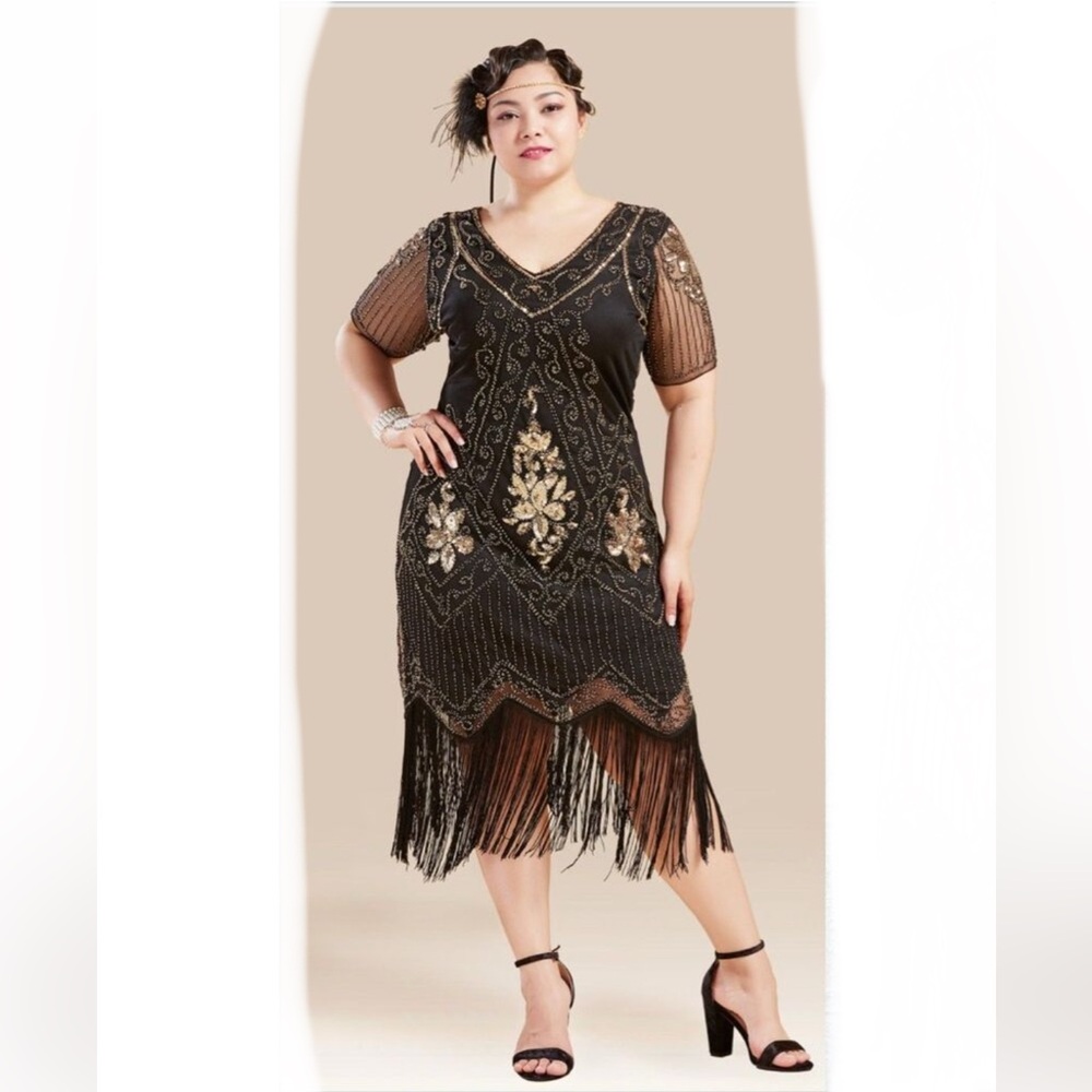Flapper Evening Midi Dress Womens 3X Sequins Beaded Roaring 20s Event Formal